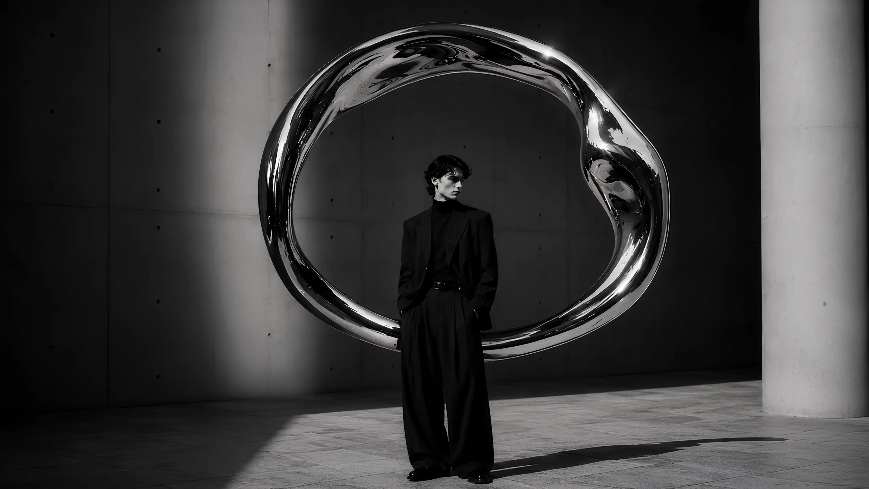 A figure in black tailoring before a mirror-chrome sculpture, lit in a concrete gallery