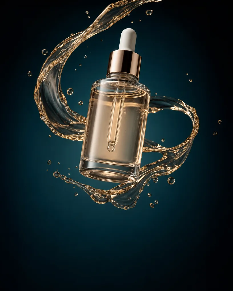Serum bottle suspended in a swirl of golden liquid on deep teal