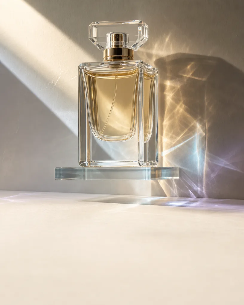 Perfume bottle casting caustic light patterns on cream