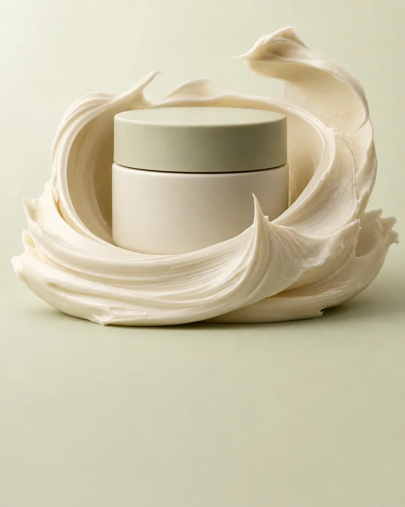 Cream jar wrapped in sculpted swooshes of cream