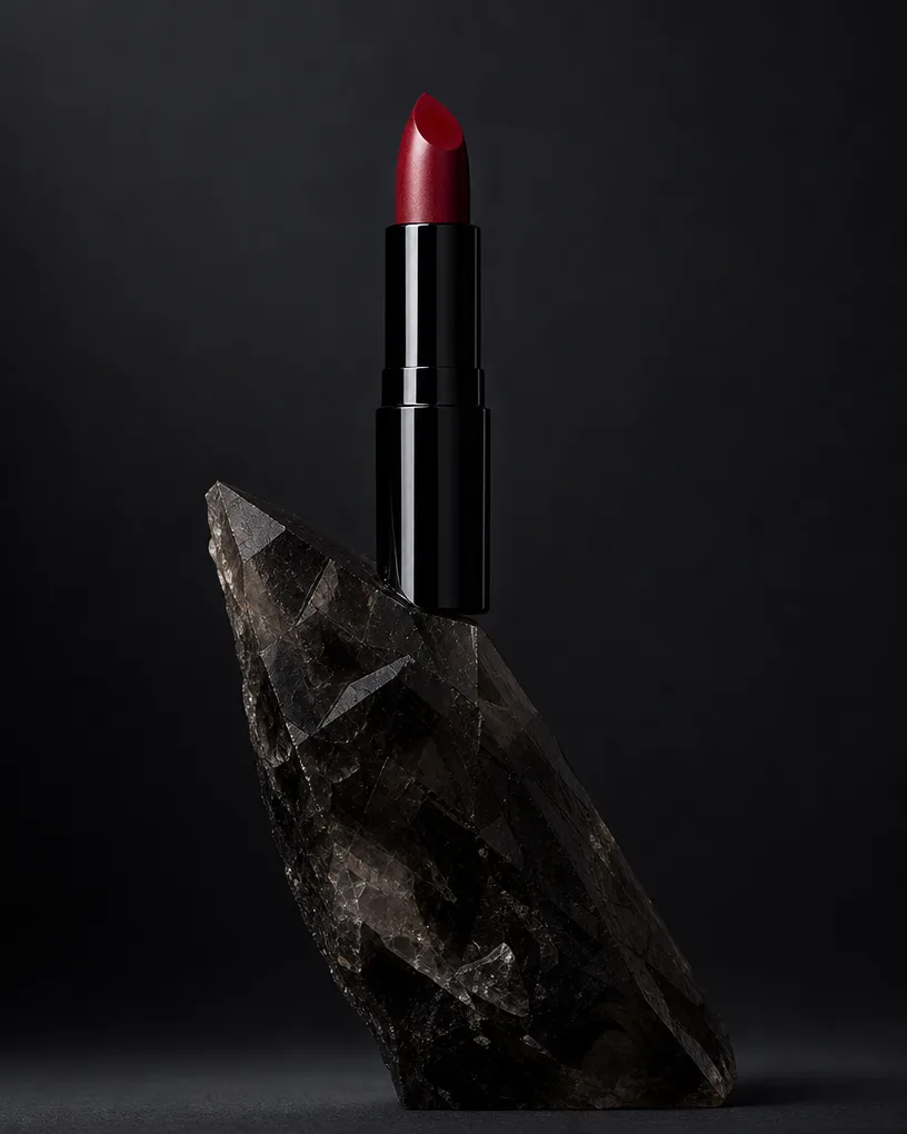 Deep red lipstick bullet balanced on a black obsidian shard in a dark studio