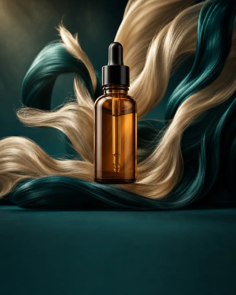 Amber dropper bottle floating in a swirl of blonde hair on deep teal