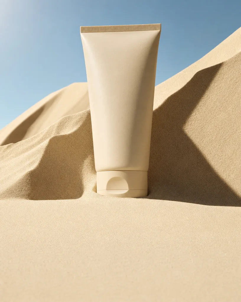 Unlabelled cream tube standing upright in rippled desert sand
