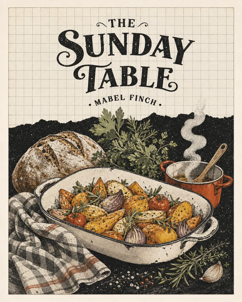Illustrated cookbook cover with a roast dish and hand lettering