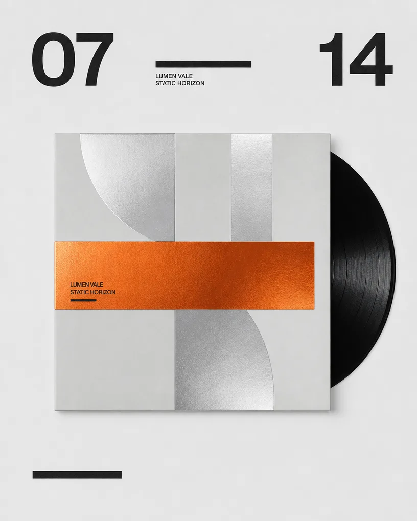 Vinyl record sleeve in silver and orange Swiss-grid typography