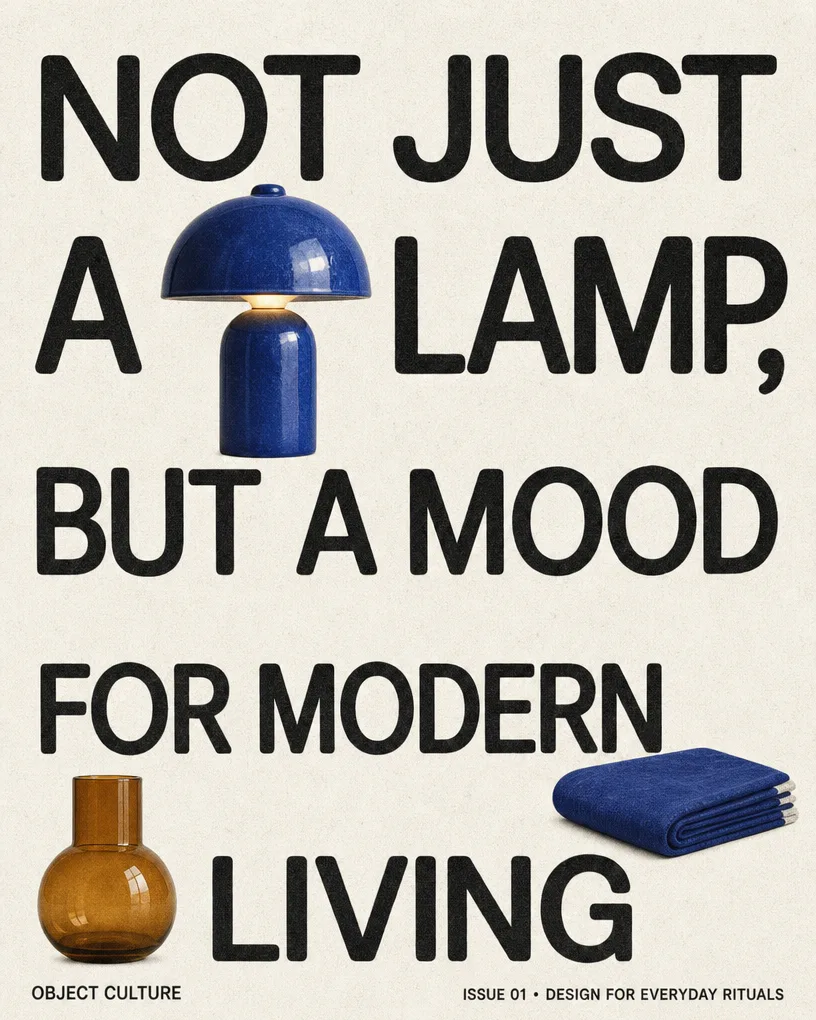 Design magazine cover with bold black type and a blue mushroom lamp on cream