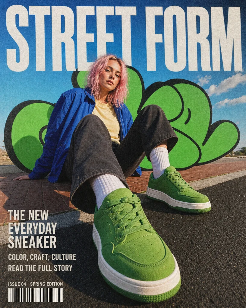 Streetwear magazine cover with a pink-haired model in green sneakers against graffiti