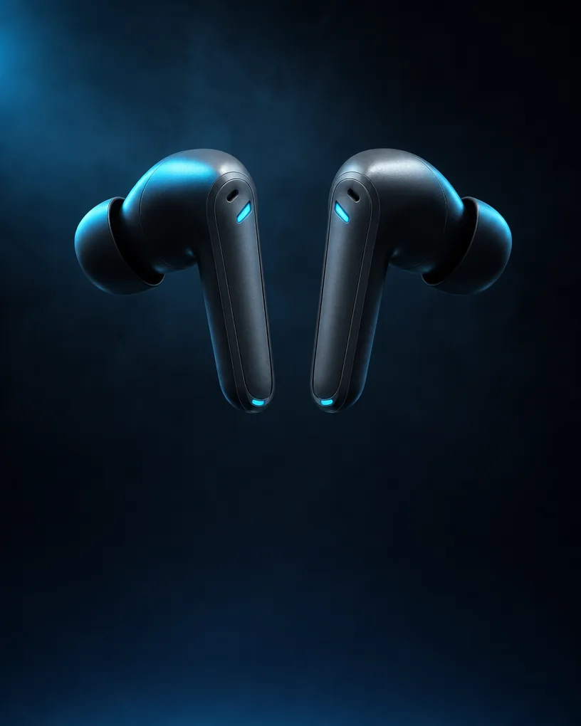Wireless earbuds levitating in blue sci-fi light