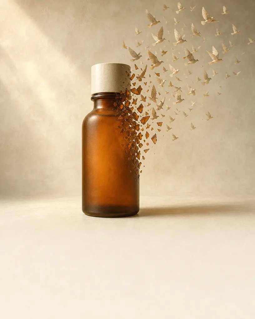 Amber bottle dissolving into a stream of butterflies