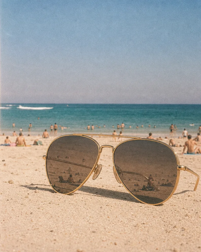 Gold aviator sunglasses standing in the sand above a crowded beach