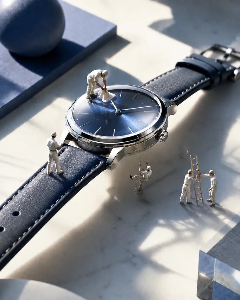 Miniature figures polishing an oversized blue-dial wristwatch on marble