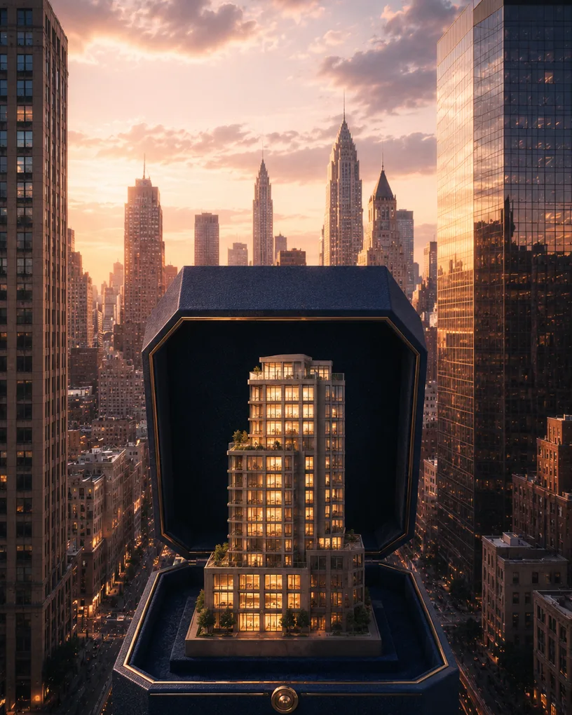 Illuminated residential tower presented inside an open navy jewelry box above a city skyline