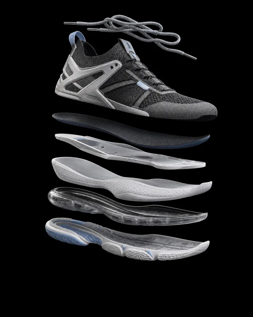 Sneaker exploded into floating sole and upper layers on black