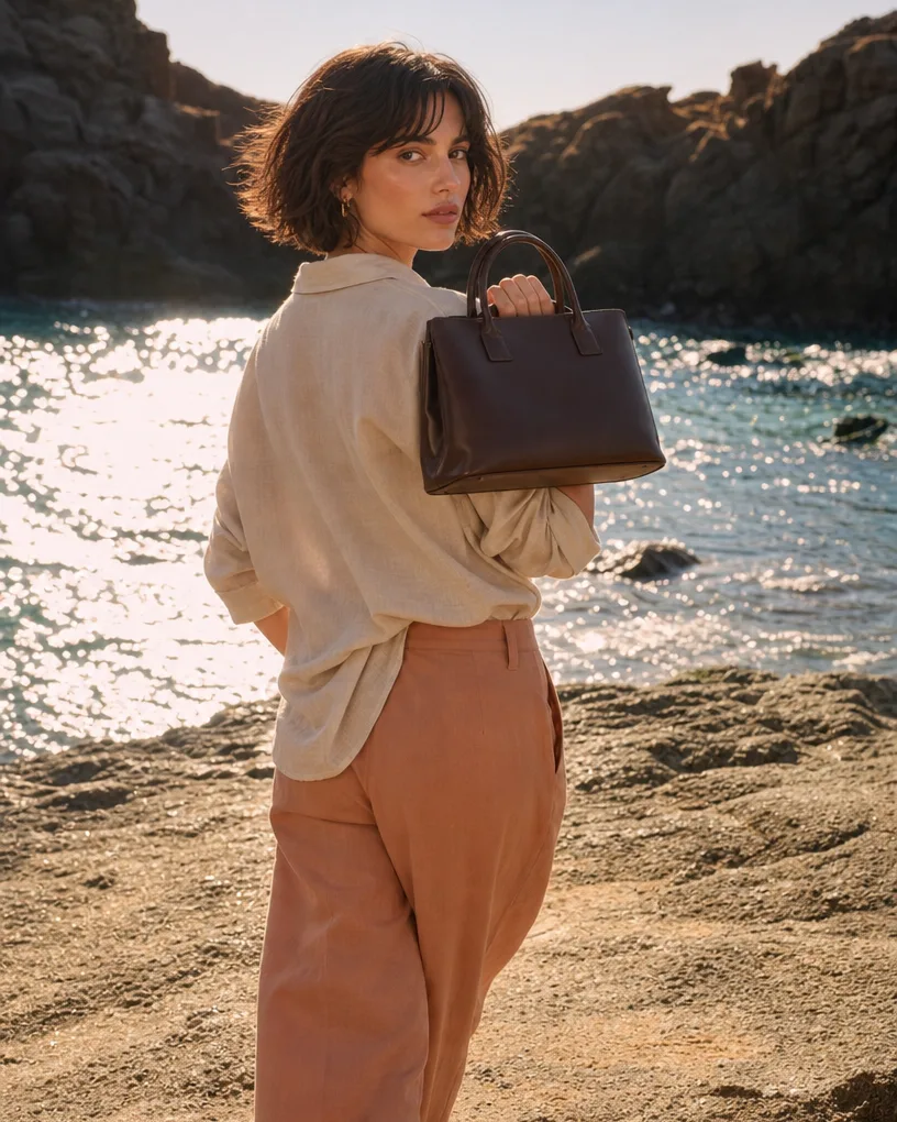 Model glancing back with a leather handbag by a sunlit sea