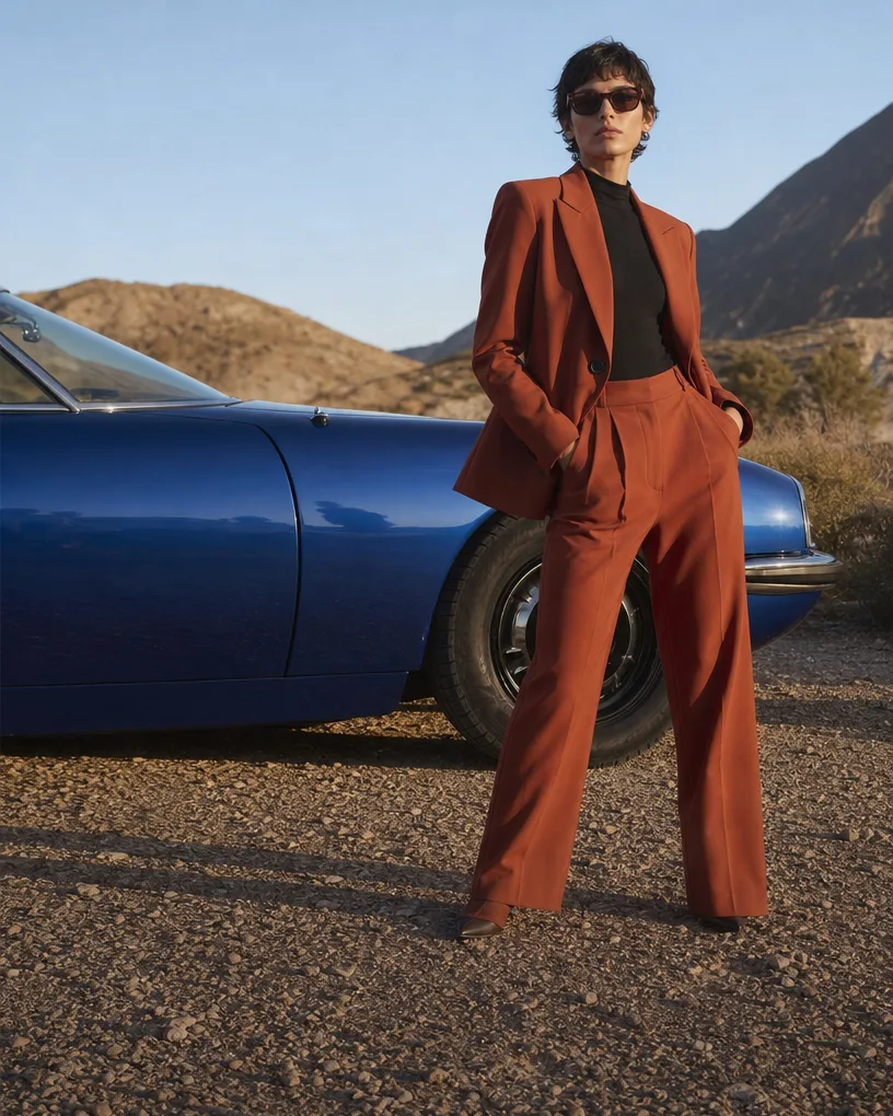 Model in a rust suit leaning on a classic blue coupe in the desert