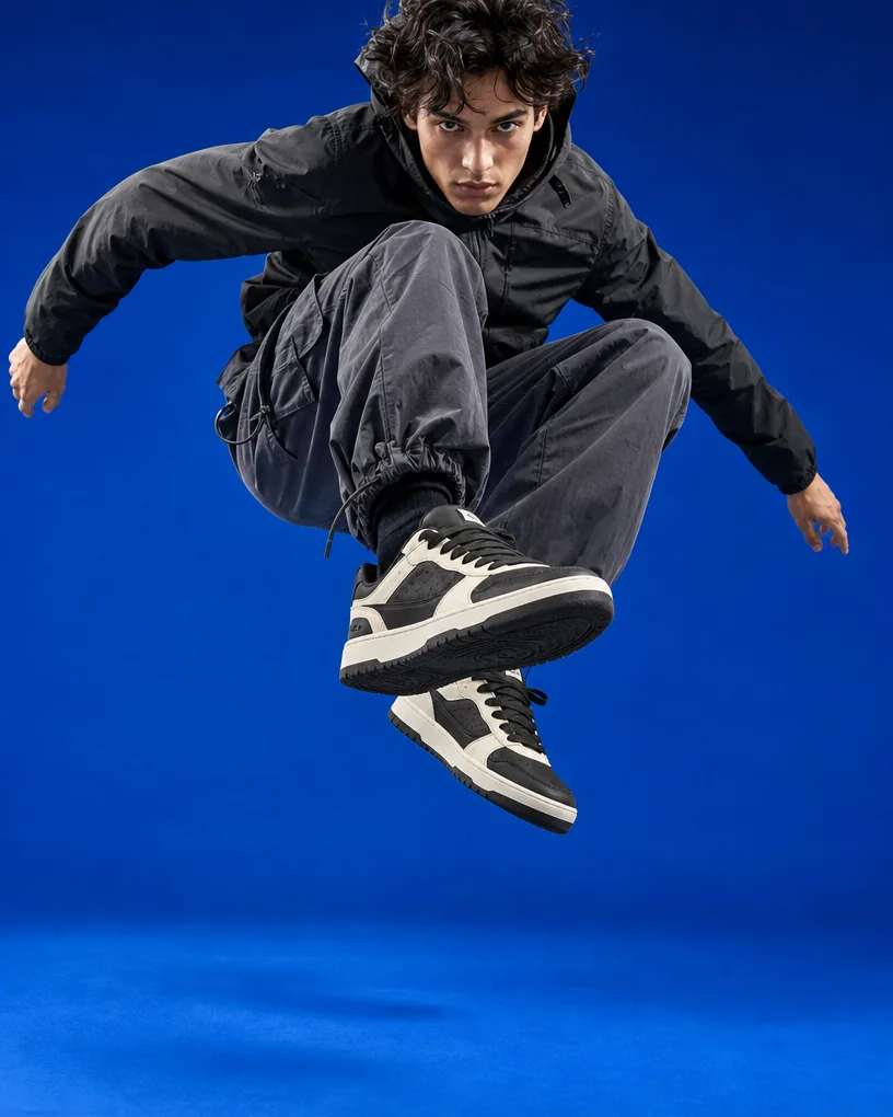 Model mid-leap in sneakers on a cobalt backdrop