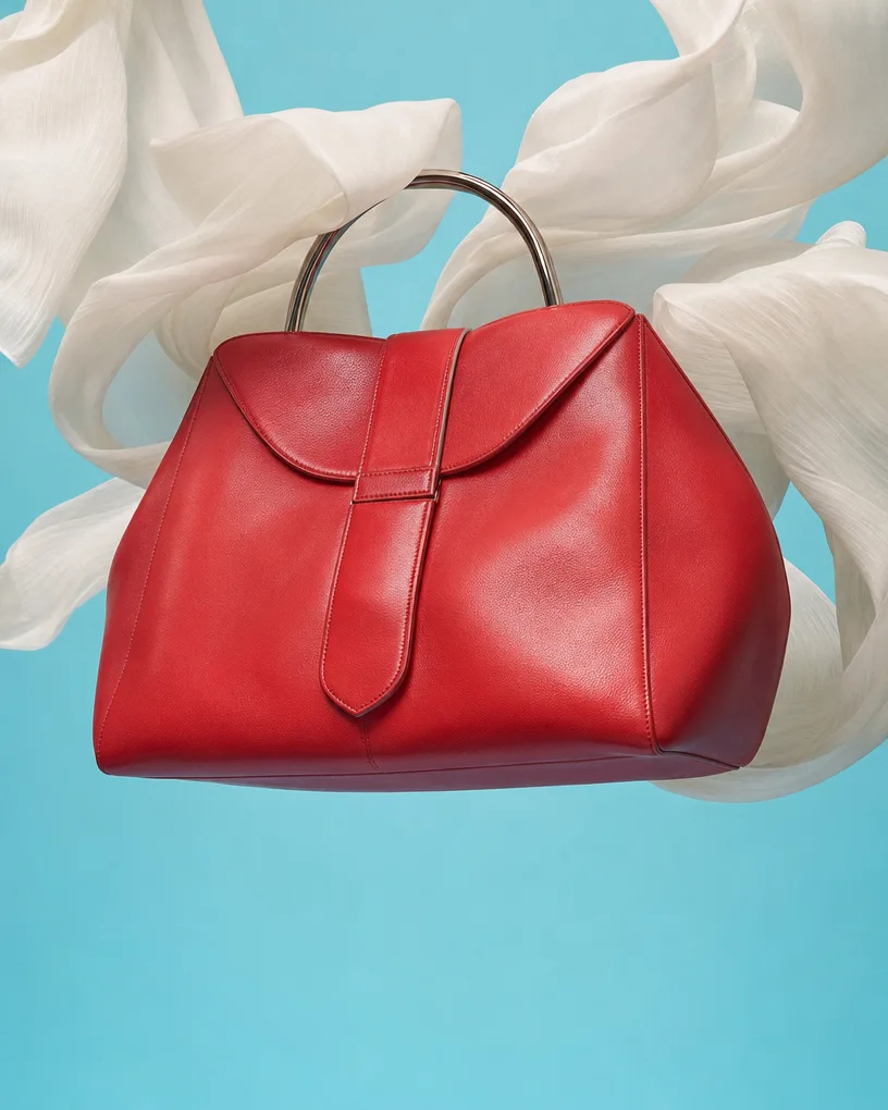 Red leather handbag floating amid white silk on turquoise