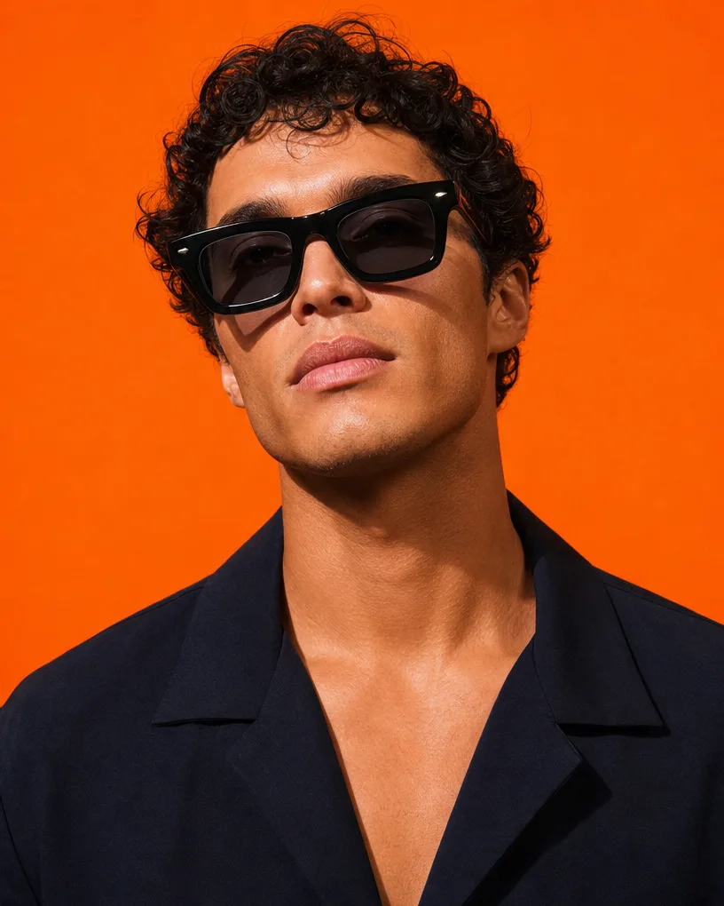 Portrait in black sunglasses against hot orange