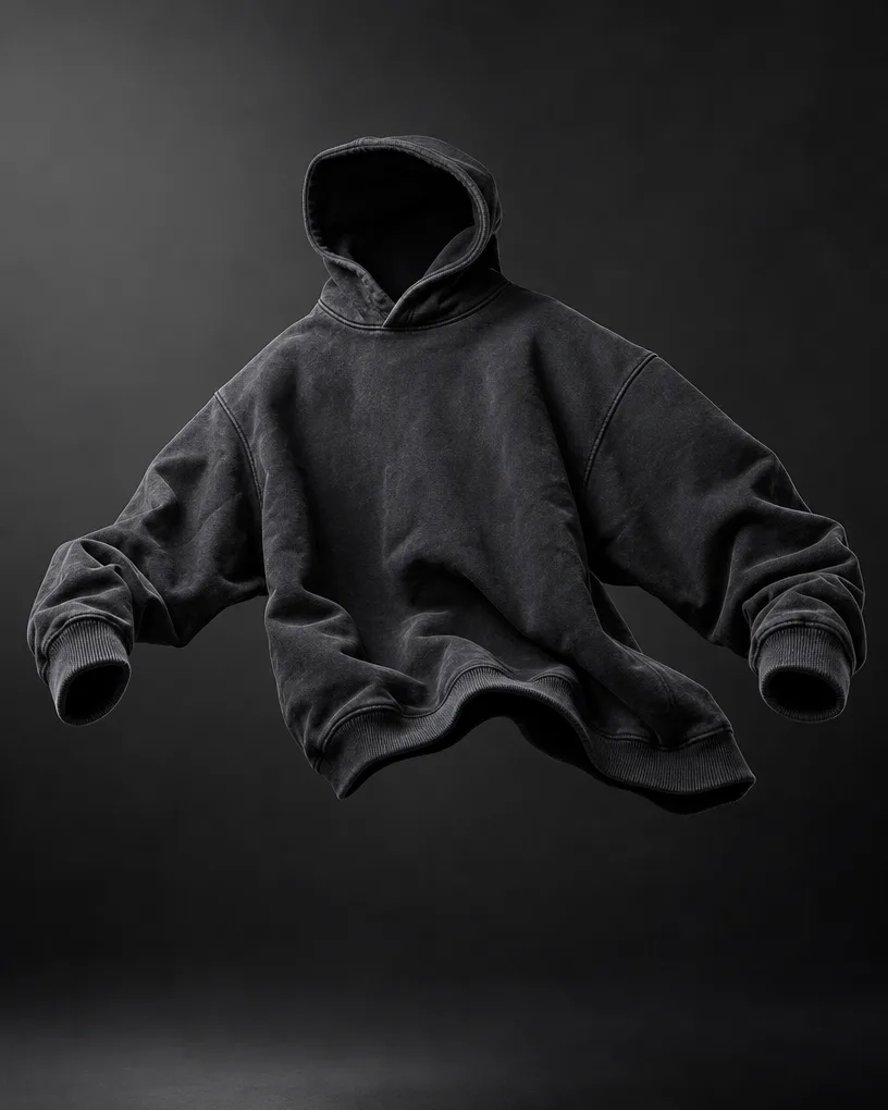 Black hoodie floating on an invisible form in a dark studio
