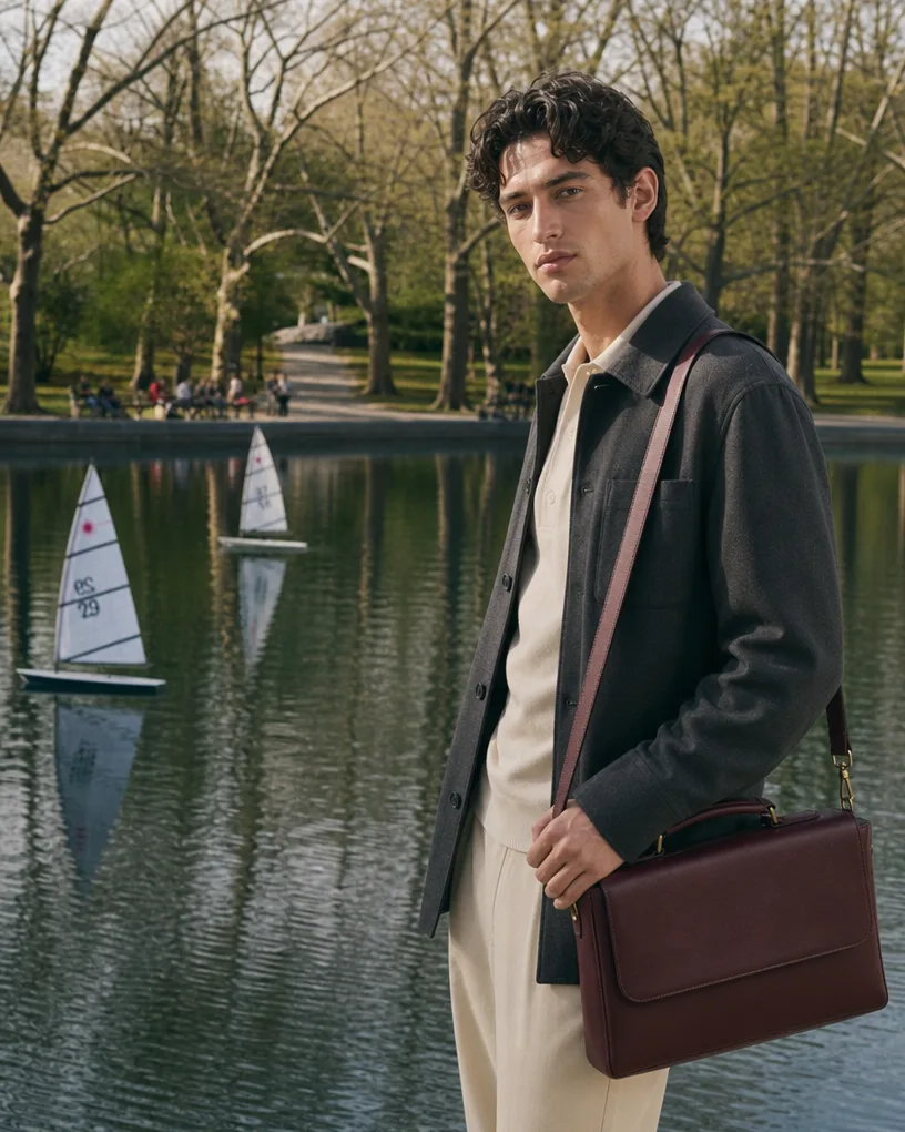 Man in a charcoal overshirt carrying an oxblood leather briefcase by a park boat pond