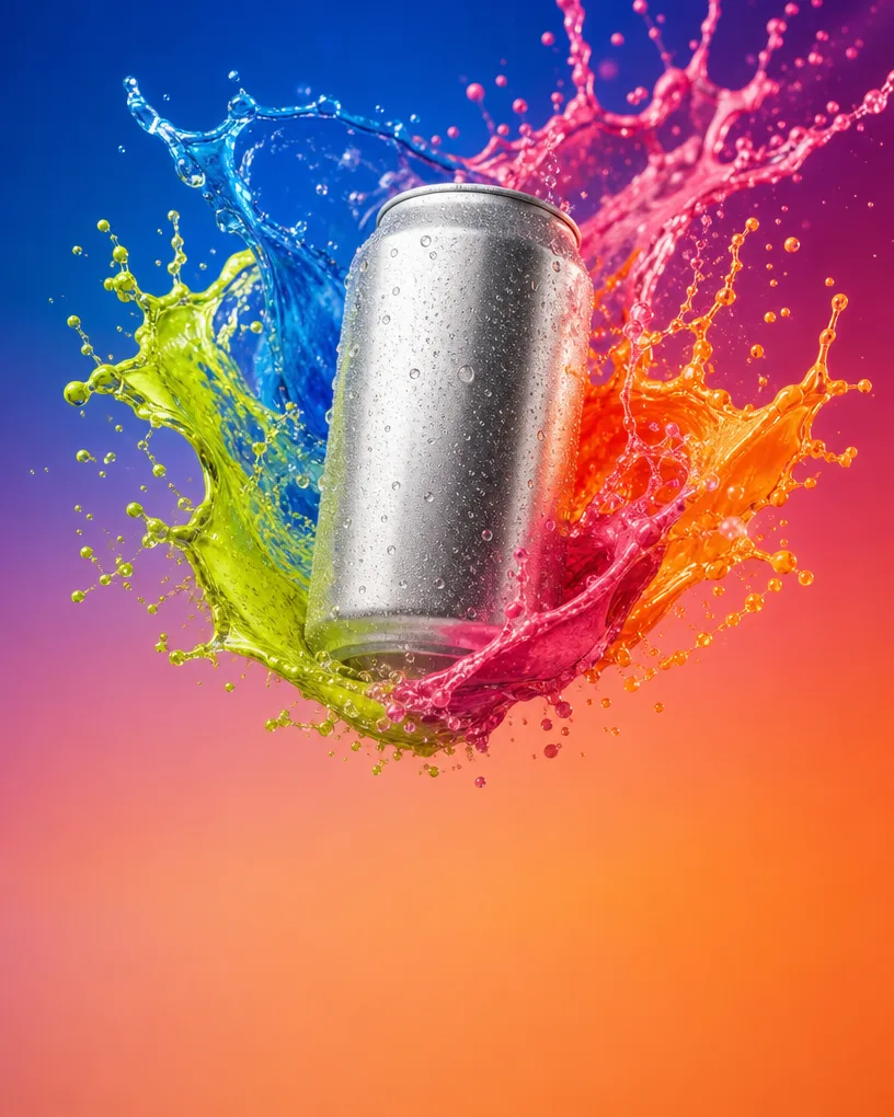 Silver soda can in a frozen multicolor splash