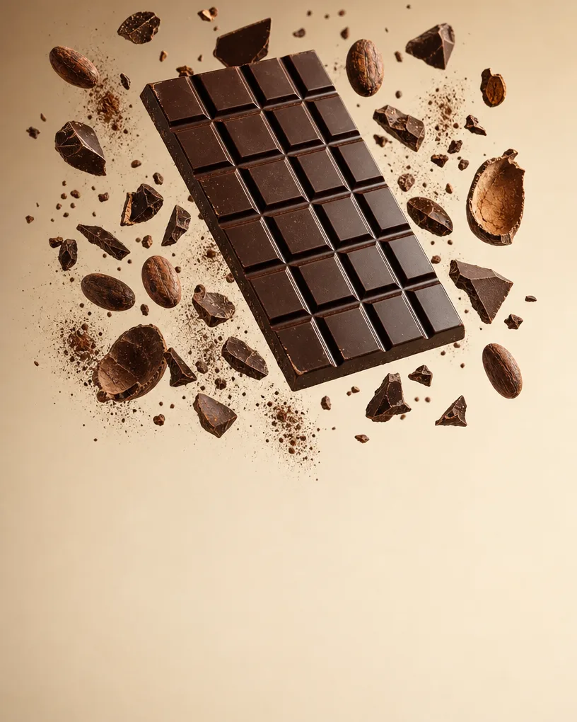 Chocolate bar with shards and cocoa beans scattered mid-air
