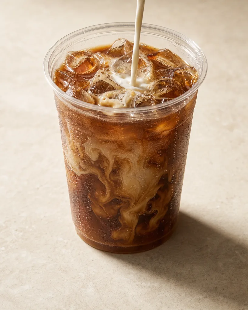 Iced coffee mid-pour, cream blooming through