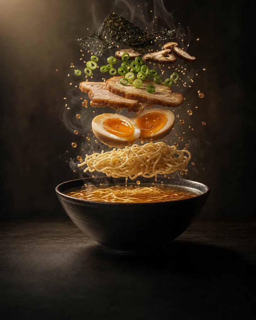 Ramen bowl with noodles, pork, egg and nori suspended above the broth