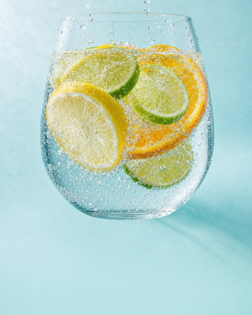 Sparkling water glass with lemon, lime and orange slices on pale blue