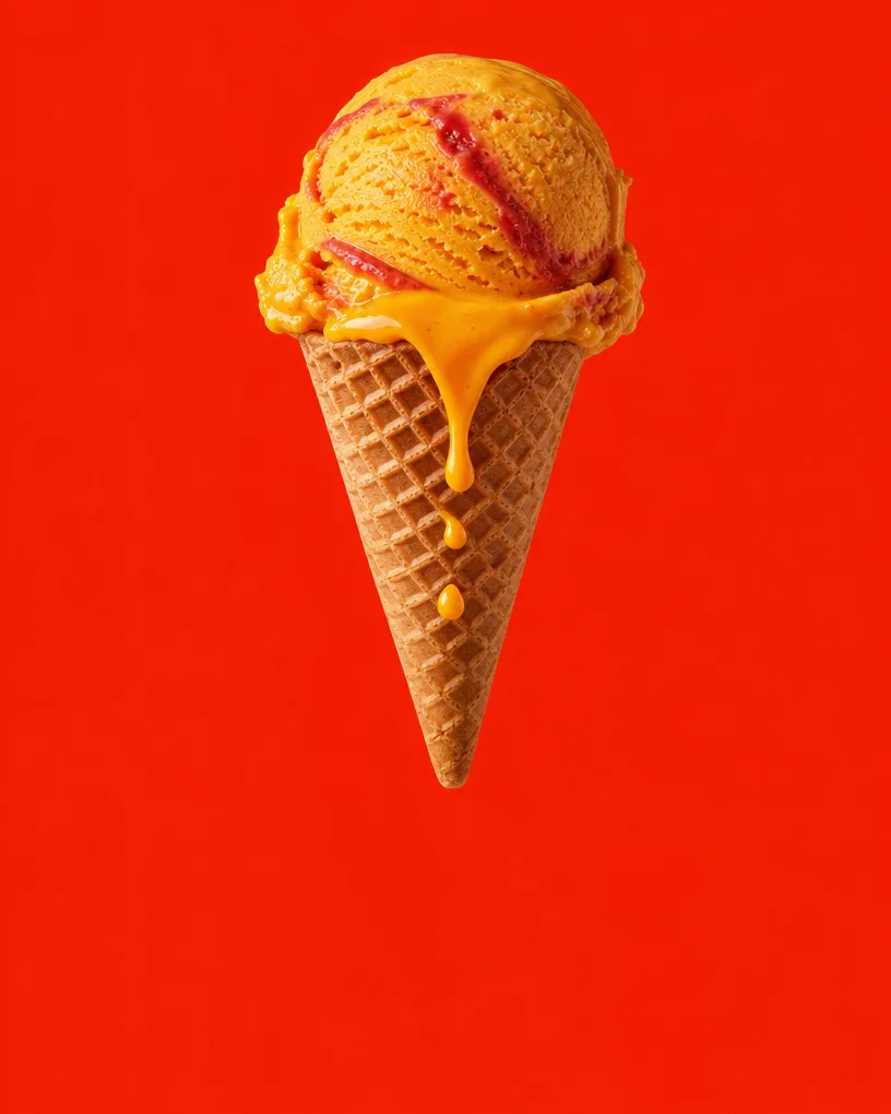 Mango ice cream scoop melting down a waffle cone on hot red