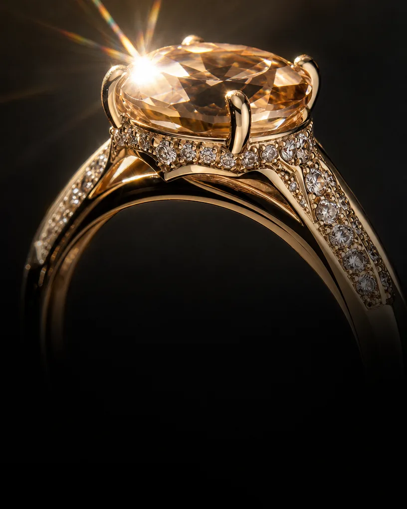 Macro of a gold ring with a champagne gemstone on black