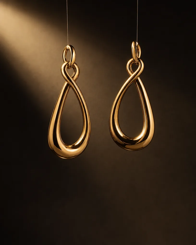 Gold earrings suspended in a warm spotlight
