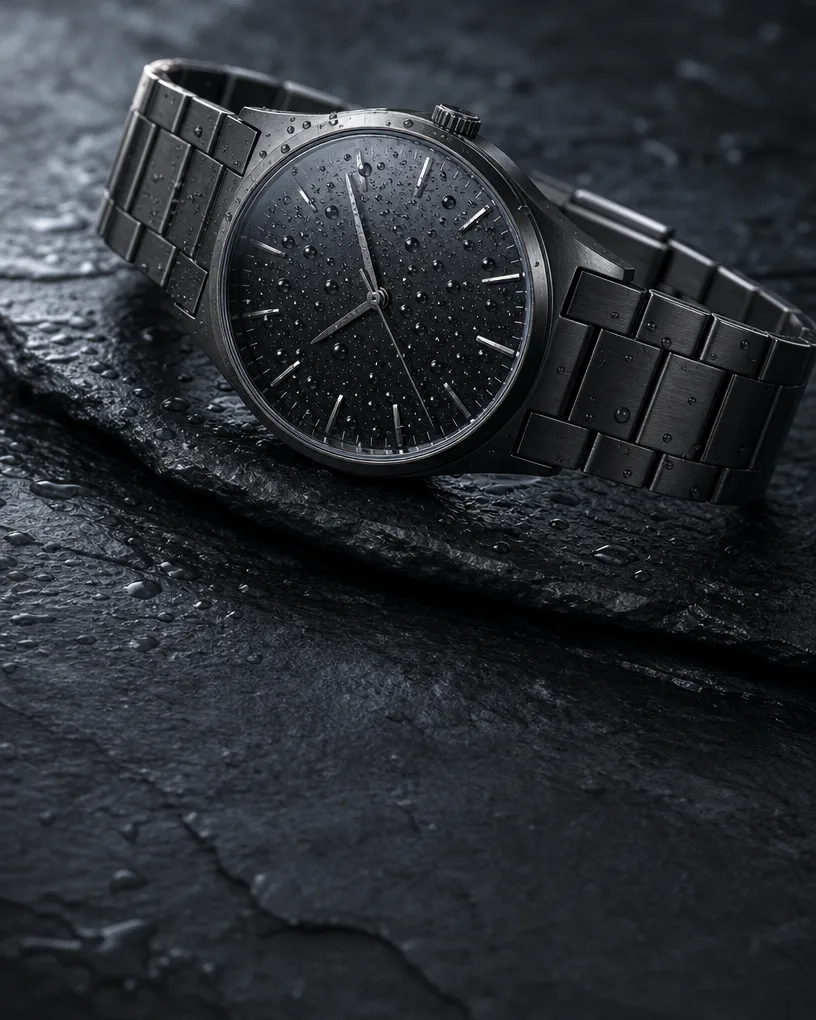 Black watch beaded with rain on wet slate