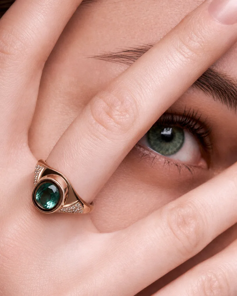Rose-gold ring with a green stone on a hand held across a model's eye