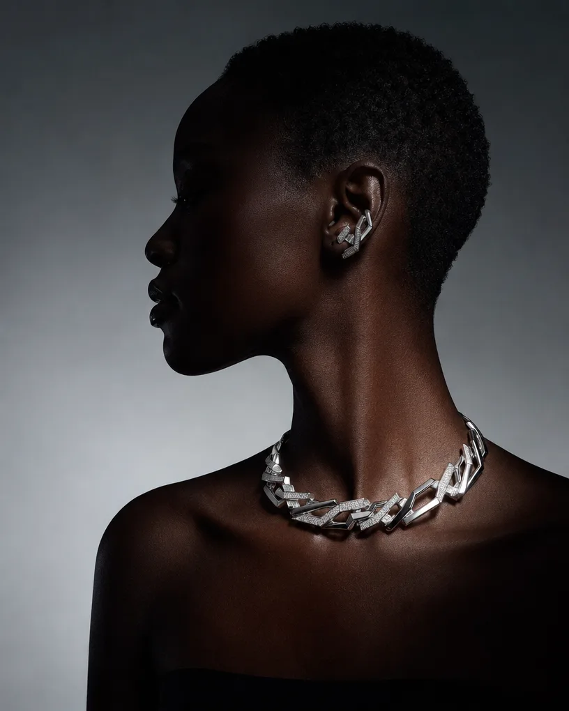 Model in profile wearing a heavy pave silver chain choker and ear cuff