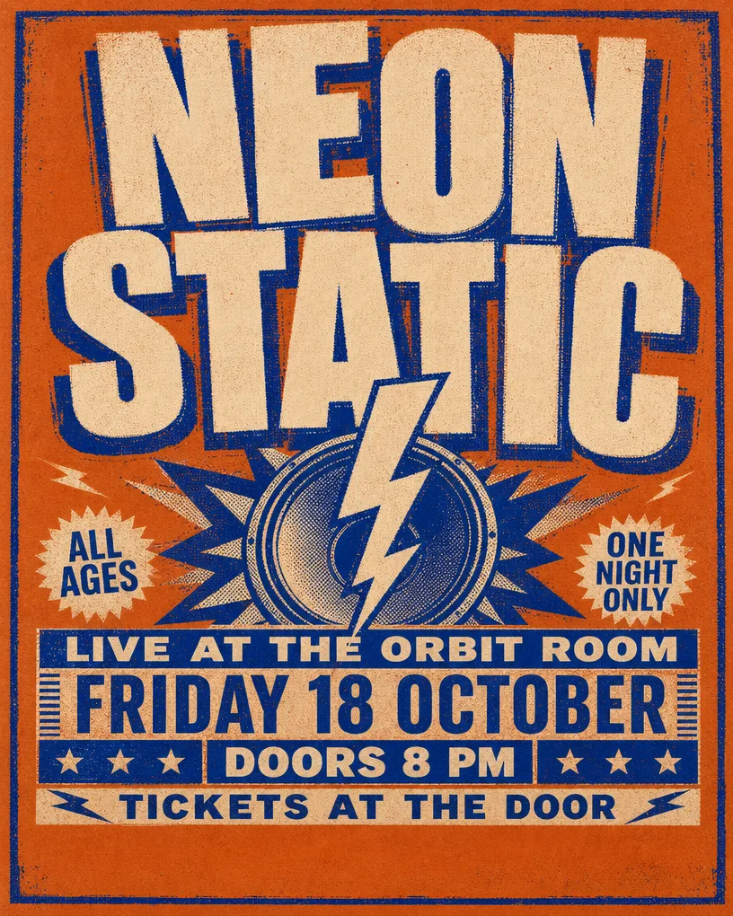 Retro gig poster for an invented band, orange and blue screen-print style
