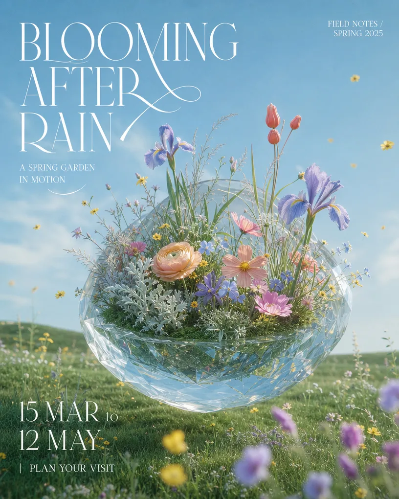 Spring garden poster with flowers blooming inside a glass orb