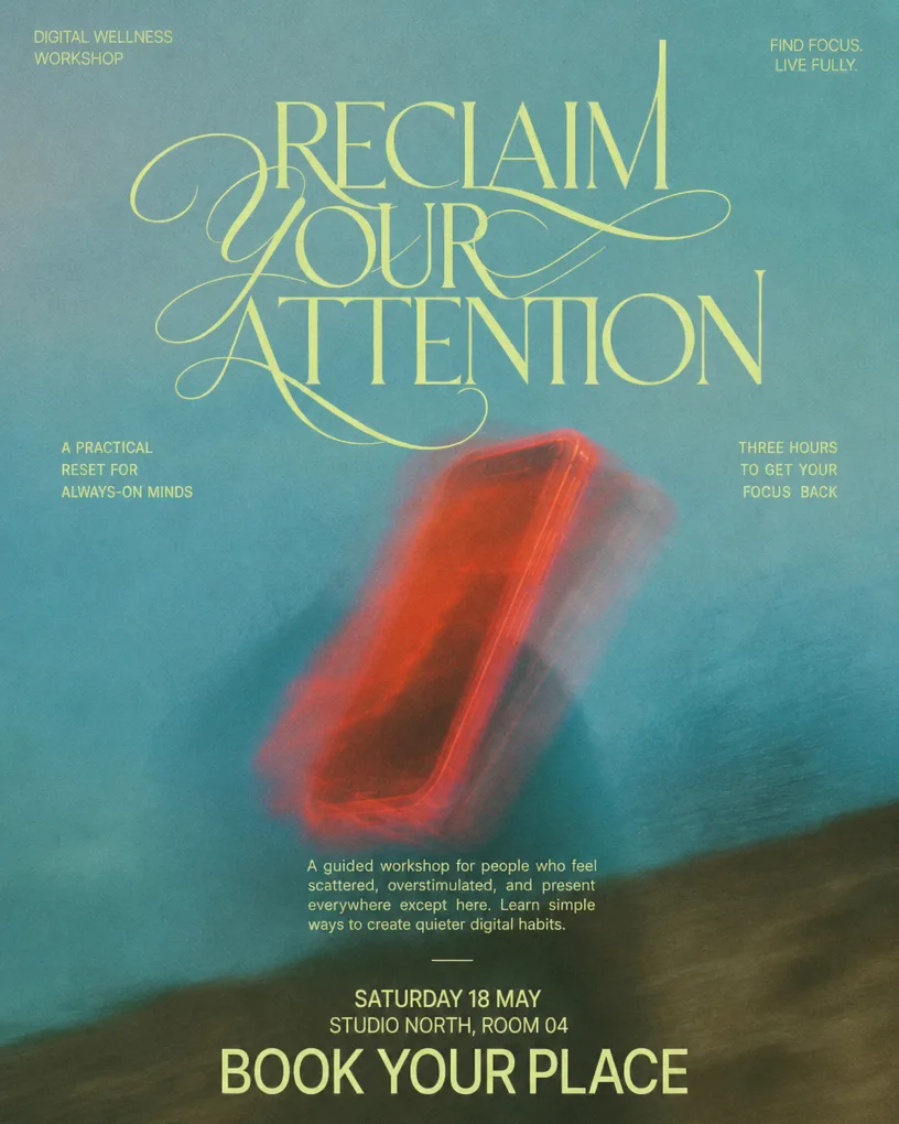 Workshop poster with script lettering over a blurred red phone on teal