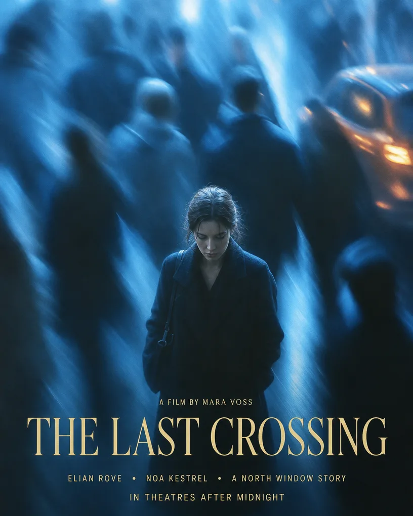 Noir film poster of a woman walking through a blurred crowd at night