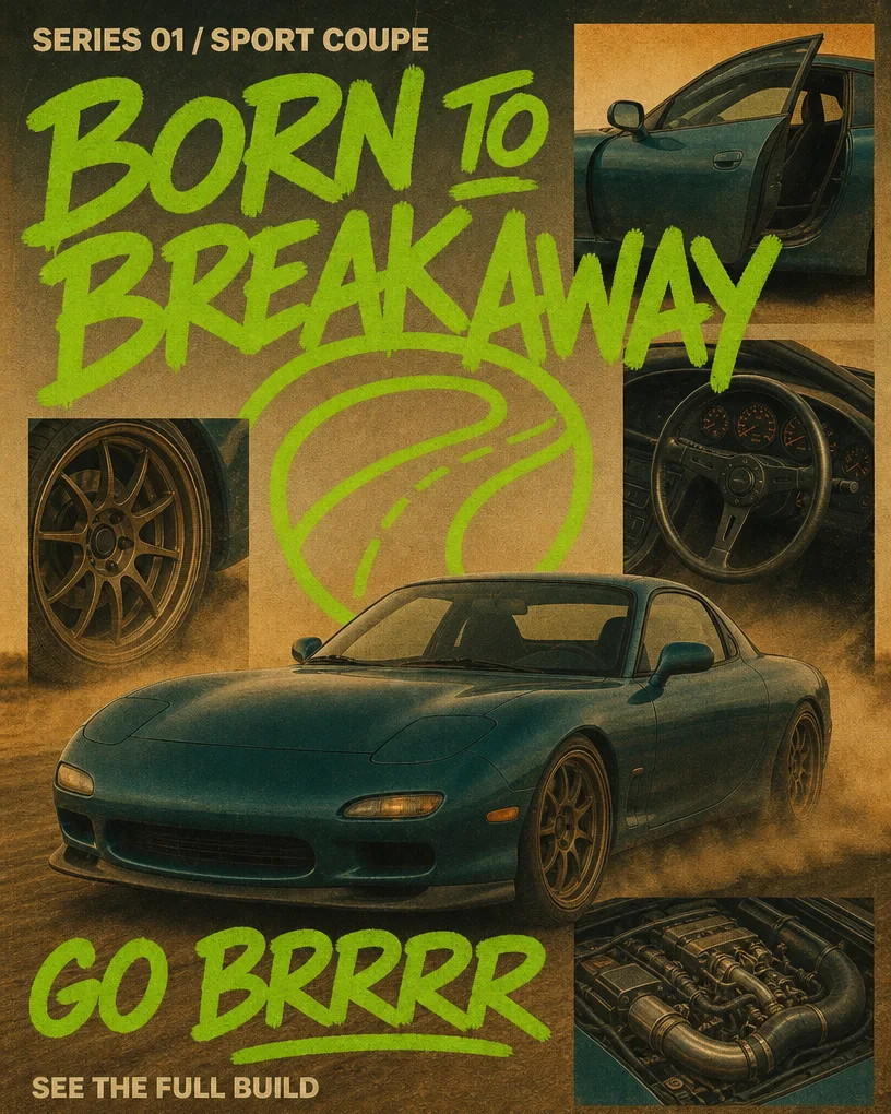 Retro car-culture poster with a green sports coupe and green graffiti lettering