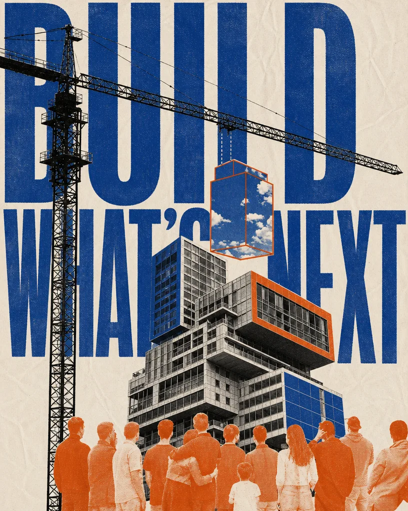 Construction poster with towering blue type over a crane and a half-built block